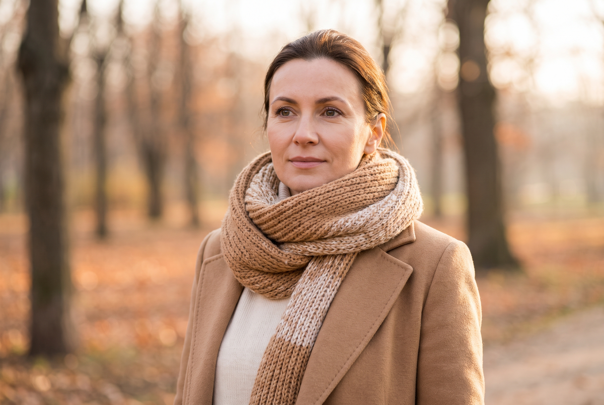 Femme portant une grande écharpe en maille beige et camel sur un manteau camel, dans un parc en hiver Image
