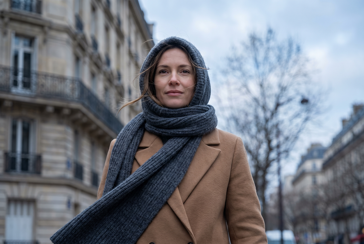 Femme marchant dans une rue en hiver, coiffée d'une écharpe à capuche en maille grise portée sur un manteau camel Image