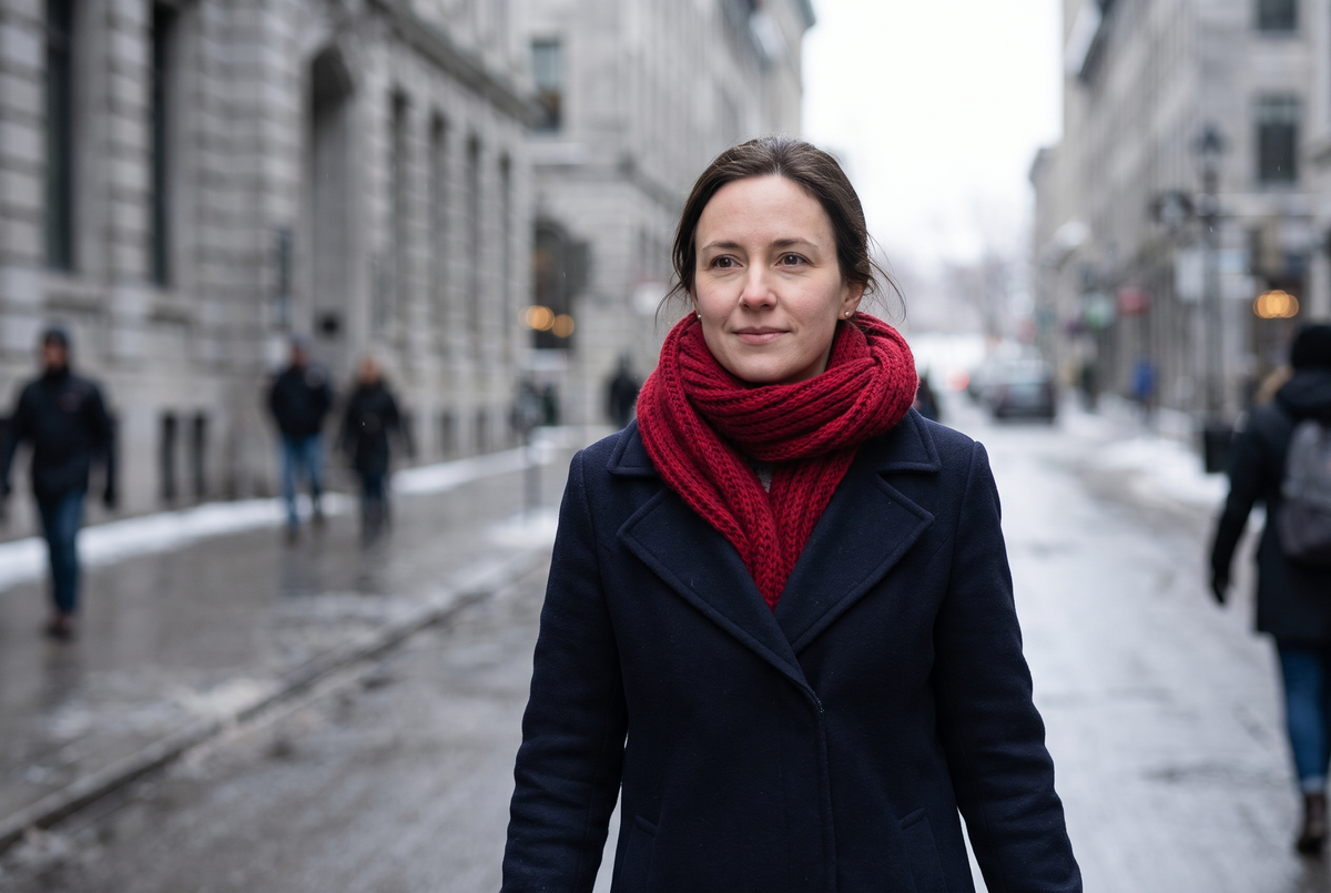 Femme portant une écharpe rouge vif en maille sur un manteau bleu marine, dans une rue grise en hiver Image