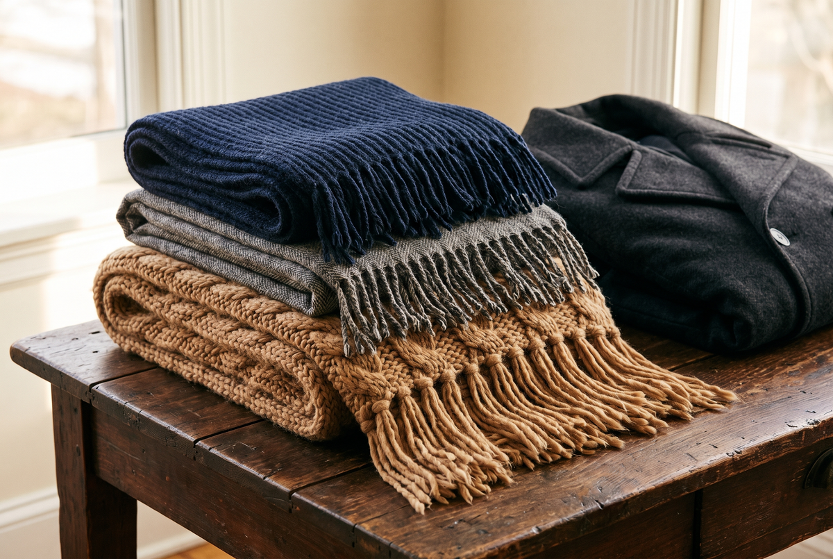 Trois écharpes homme en laine pliées, bleu marine, grise et camel, posées près d'un manteau anthracite