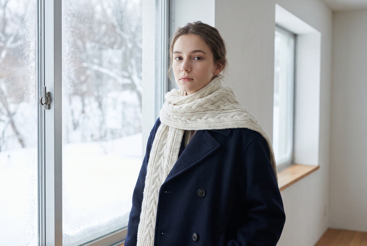 Femme portant une écharpe blanc cassé en grosse maille sur un manteau bleu marine, près d'une fenêtre lumineuse Image