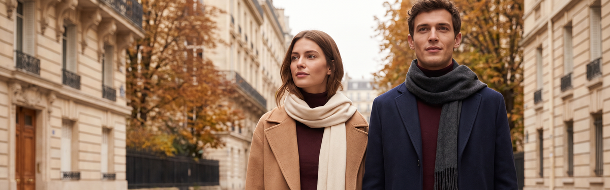 Une femme et un homme marchent dans une rue de Paris en automne, chacun avec une longue écharpe en laine sur son manteau