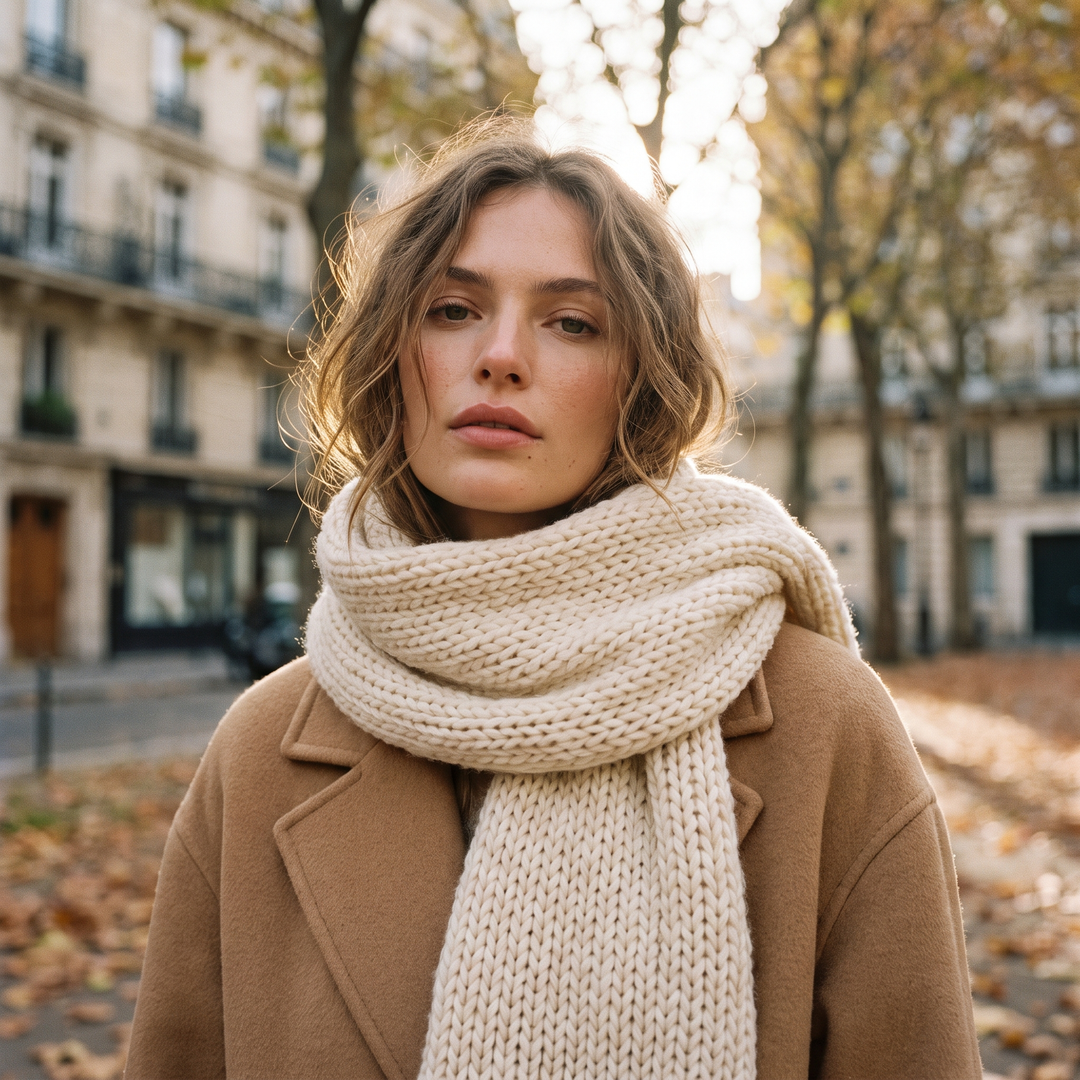 Femme portant une grosse écharpe en maille écrue enroulée deux fois sur un manteau camel