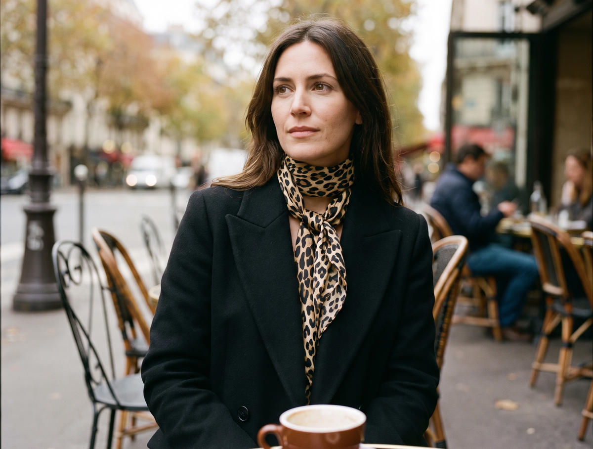 Femme en manteau noir avec une écharpe léopard nouée au cou, en terrasse de café à Paris Image