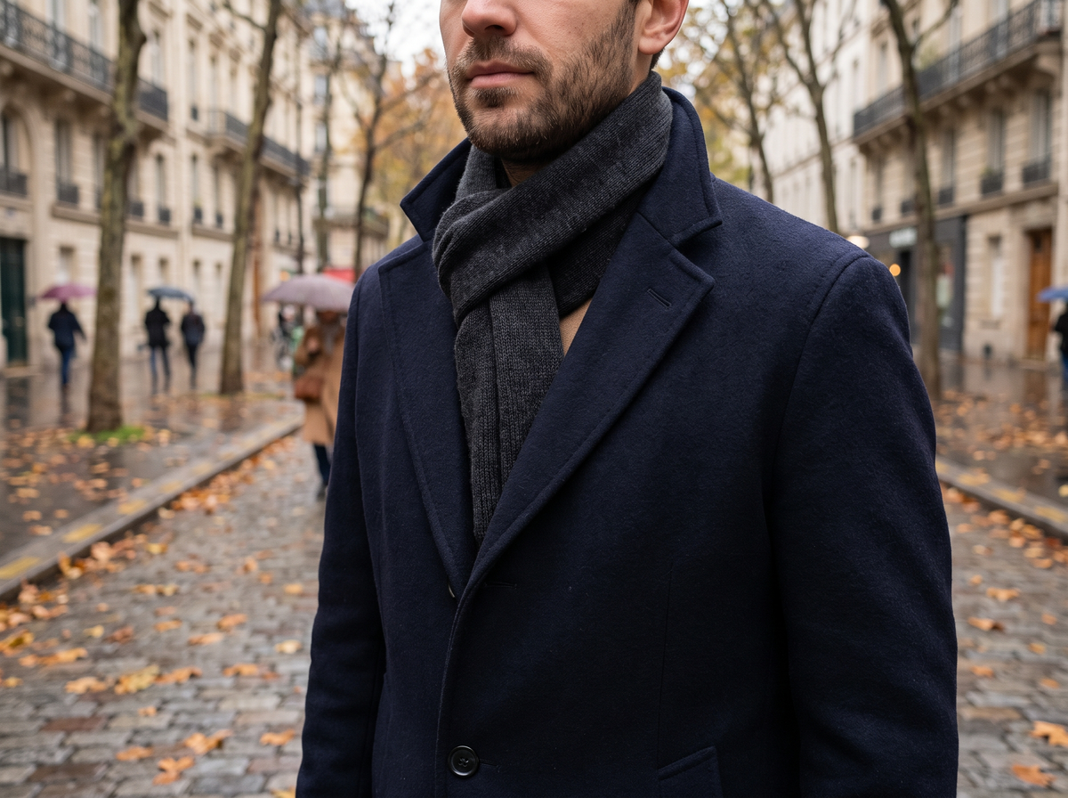Homme en manteau bleu marine avec une écharpe en laine gris anthracite glissée sous le col Image