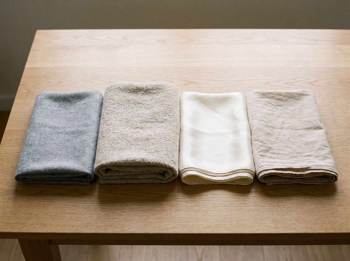 Quatre écharpes pliées côte à côte sur une table en chêne : cachemire gris, laine, soie ivoire et coton beige Image